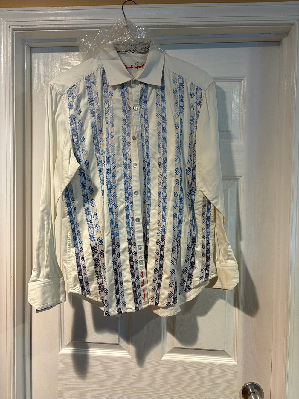 Robert Graham Cream Button-Up Shirt with Blue Embroidered Stripes